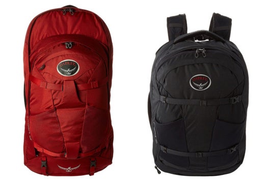 A red Osprey Farpoint 55 and a black Osprey Farpoint 40.